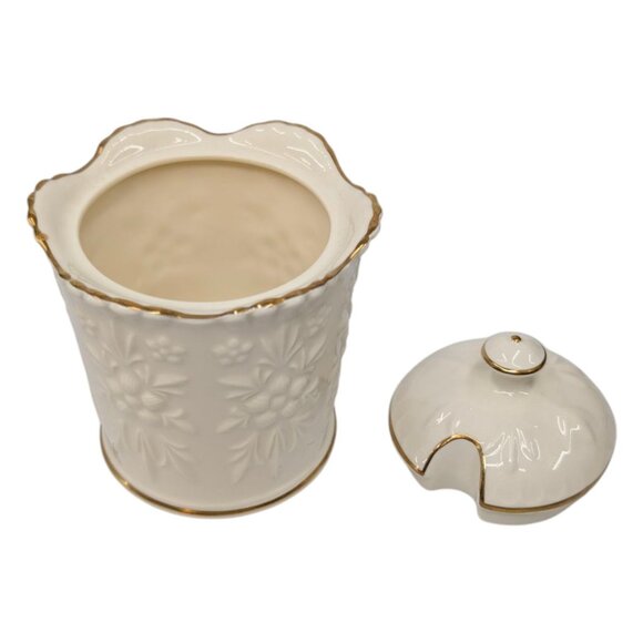 Vtg Aynsley Camellia Lidded Marmalade Jam Jar Cream Gold Trim Embossed 5" - Picture 4 of 10